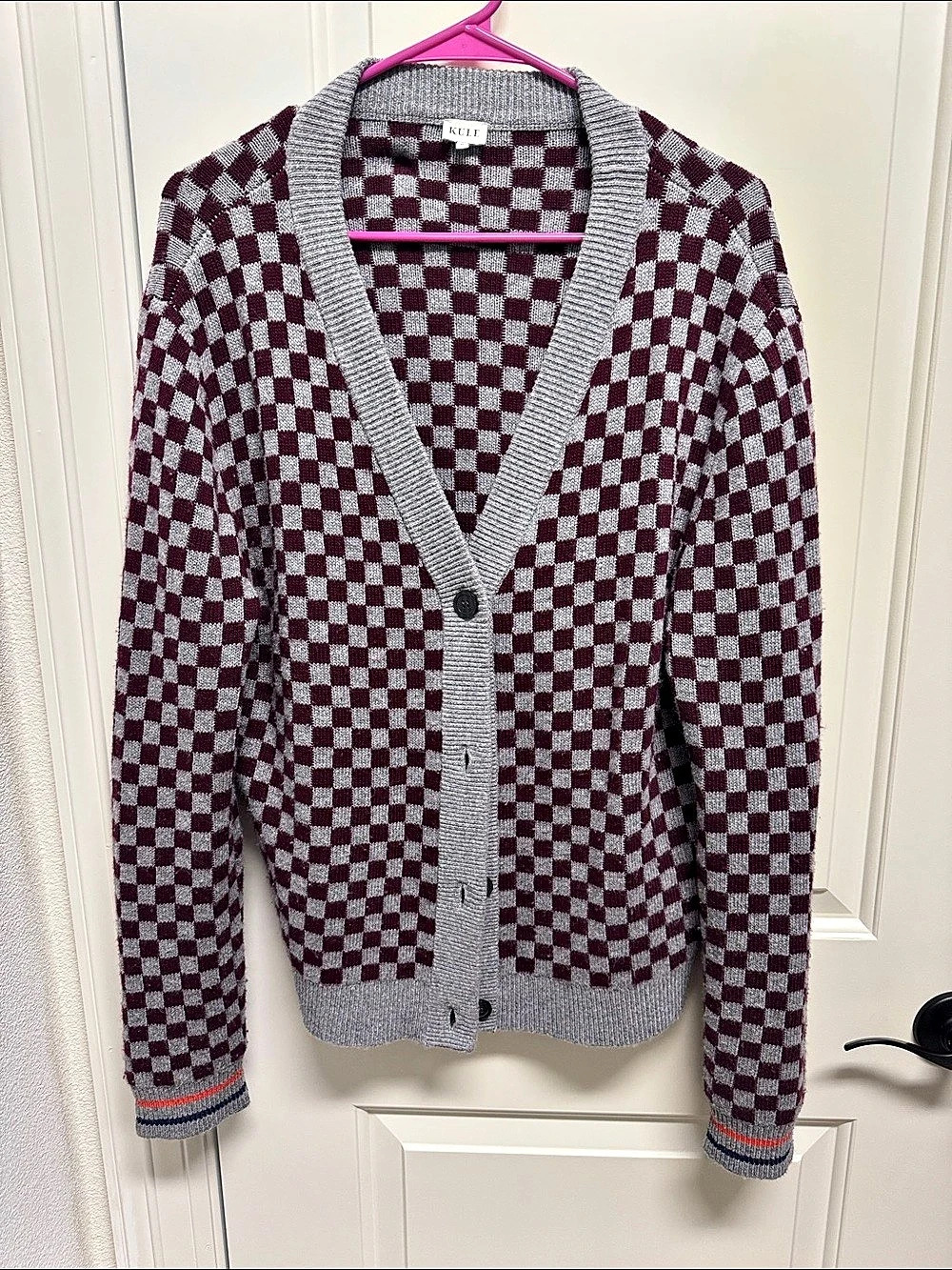 KULE The Knite Cardigan Checkered Maroon & Gray Size Medium